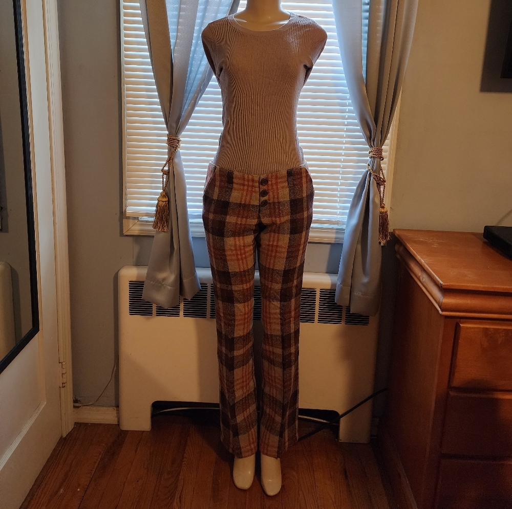 Wool plaid 90s low waist button fly boot cut pants